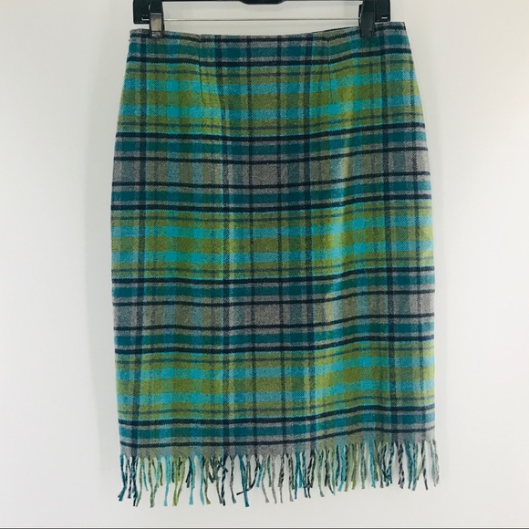 NWT J. Jill Grey Green Teal Navy Plaid Wool Blend  Asymmetric Fringe Blanke… - Picture 4 of 8